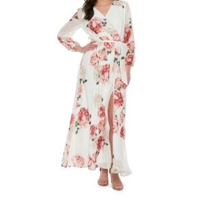 Premier Amour White Pink Floral Wrap Maxi Dress - Size 16